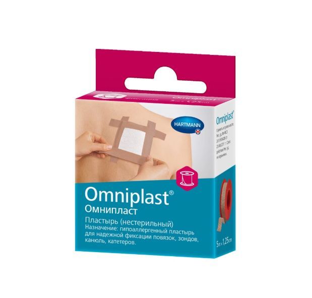 фото упаковки Omniplast Пластырь фиксирующий, 5мх1.25см, пластырь медицинский, тканевая основа, 1 шт. фото упаковки Omniplast Пластырь фиксирующий