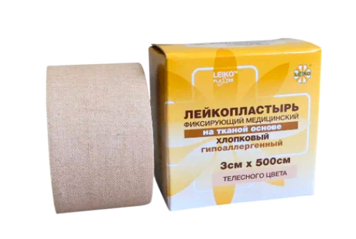 Leiko Пластырь фиксирующий, 3х500, телесный, тканевый хлопковый, 1 шт.